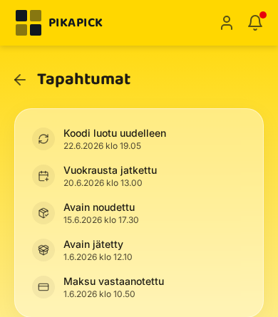Avaimen nouto- ja palautushistoria PikaPick-sovelluksessa